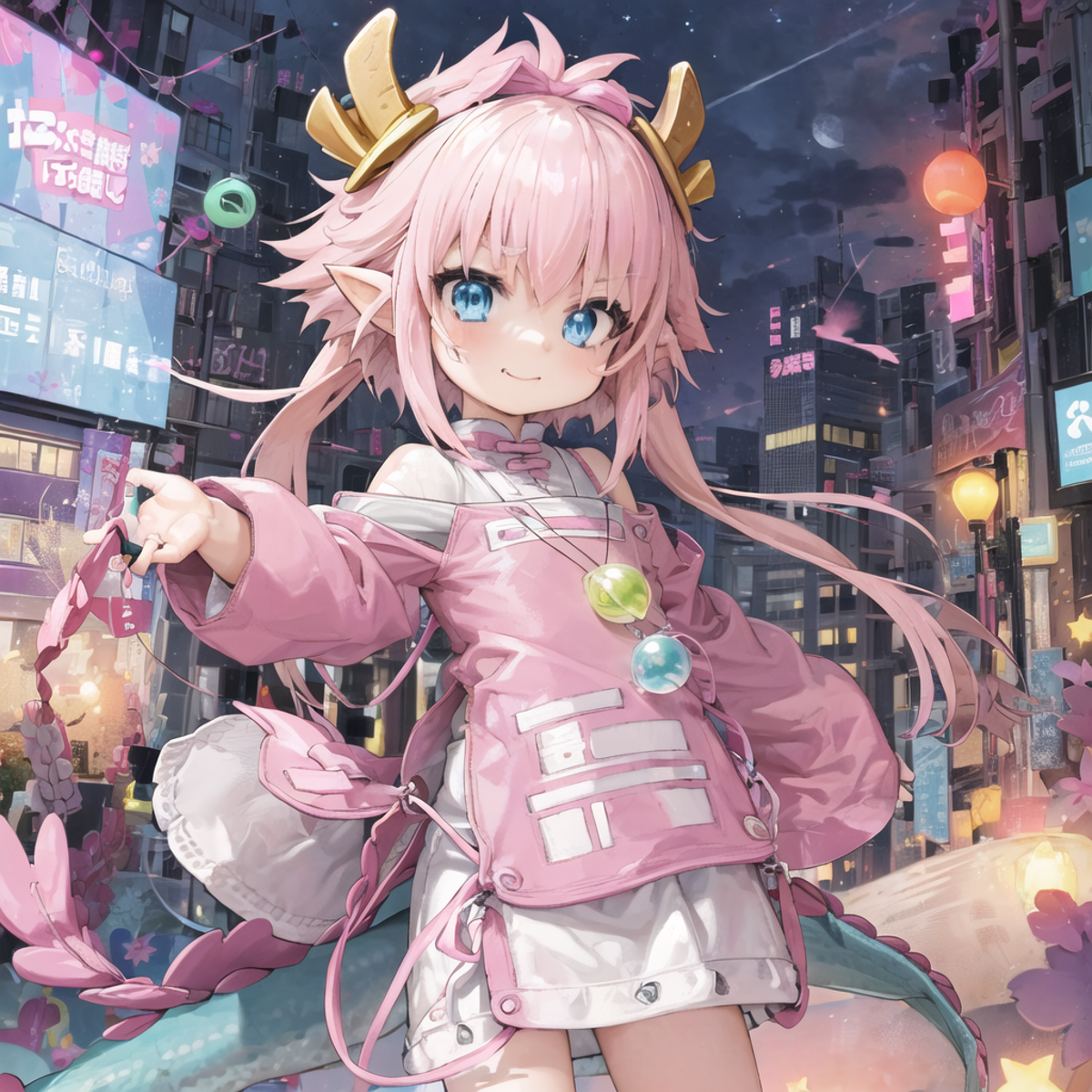 a picture of a pink haired girl, anime style scene, 1girl, pink hair, dragon horns, horns, drag (2).png